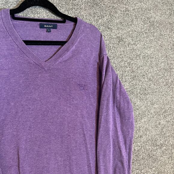 Gant Sweater Mens Large Purple Vneck Long Sleeve Pullover Grandpa Stretch - Picture 2 of 9